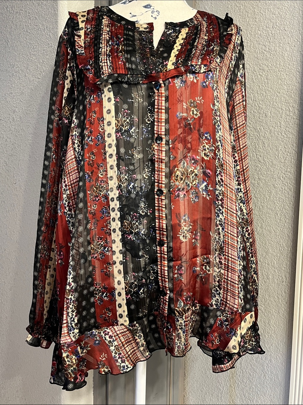 LOGO by Lori Goldstein Red, Black and Cream Patchwork Boho Tunic